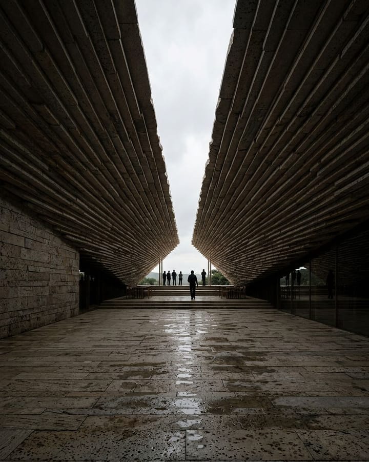 Esquisse, vue intérieure de la canopée — Kengo Kuma & Associates · Butrint National Park, Albanie · 2025, perspective 3D par Koja Studio