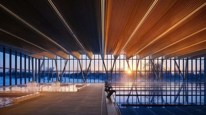 Centre aquatique et spa, bassin au crépuscule — Studio T · Suisse · Projet lauréat · 2025, perspective 3D par Koja Studio