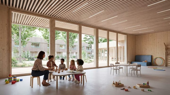 Autre esquisse, salle de classe avec les élèves — Tectoniques, perspective 3D par Koja Studio