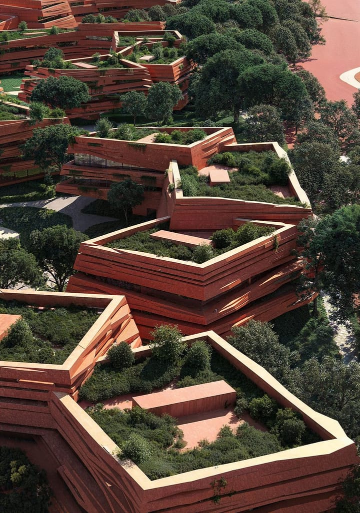 Programme mixte logements et hôtellerie — Kengo Kuma & Associates · Faro, Portugal · 2025, perspective 3D par Koja Studio