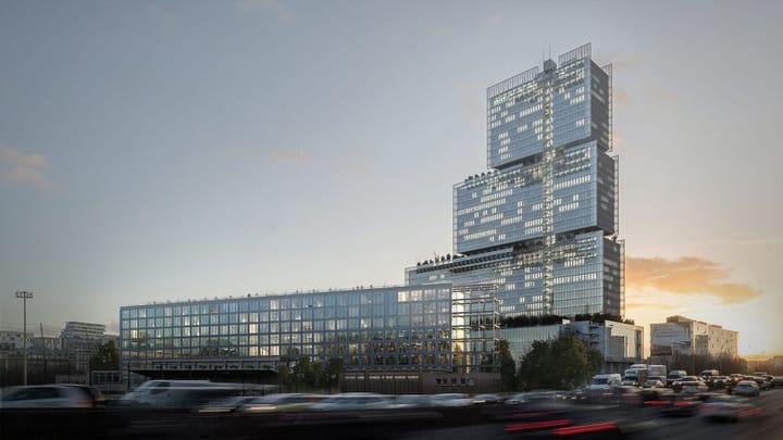 Ensemble mixte de bureaux, hôtellerie et commerces — PCA-STREAM · Batignolles · 2020 · Projet lauréat, perspective 3D par Koja Studio