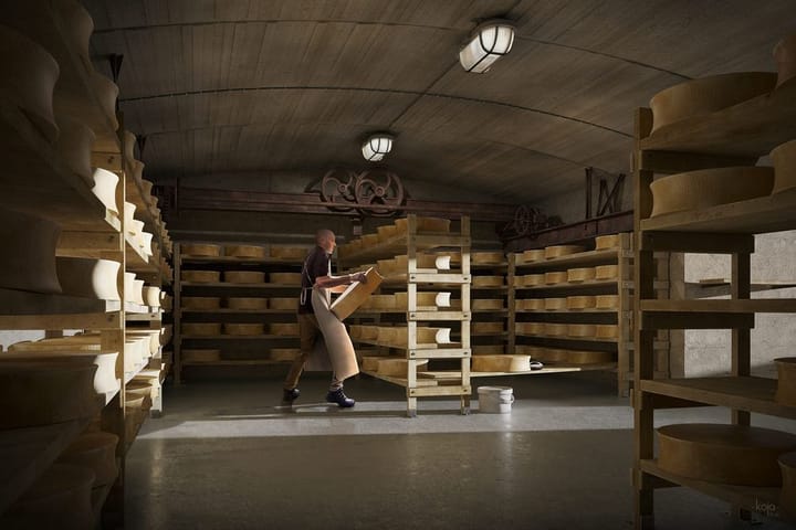 Reconversion d'un fort militaire — Cave d'affinage de Savoie · Bourg-Saint-Maurice · 2021, perspective 3D par Koja Studio