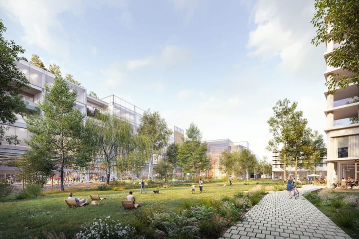 Projet urbain pour opération mixte — COBE Architecture · Saint-Ouen · 2024 · Projet lauréat, perspective 3D par Koja Studio