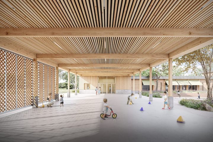 Groupe scolaire — Tectoniques · Loisin · 2022 · Projet lauréat, perspective 3D par Koja Studio