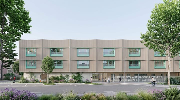 Groupe scolaire — Tectoniques · Villeurbanne · 2024, perspective 3D par Koja Studio