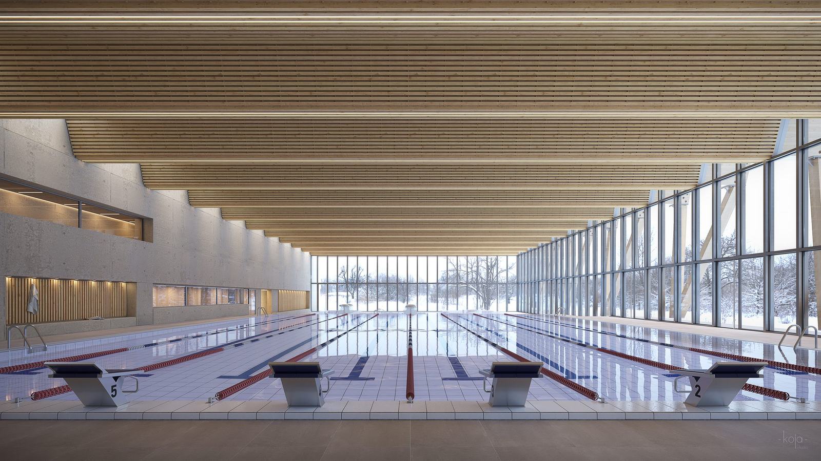 Image finale de concours : la halle des bassins du centre aquatique, charpente en bois et vue sur le paysage enneigé