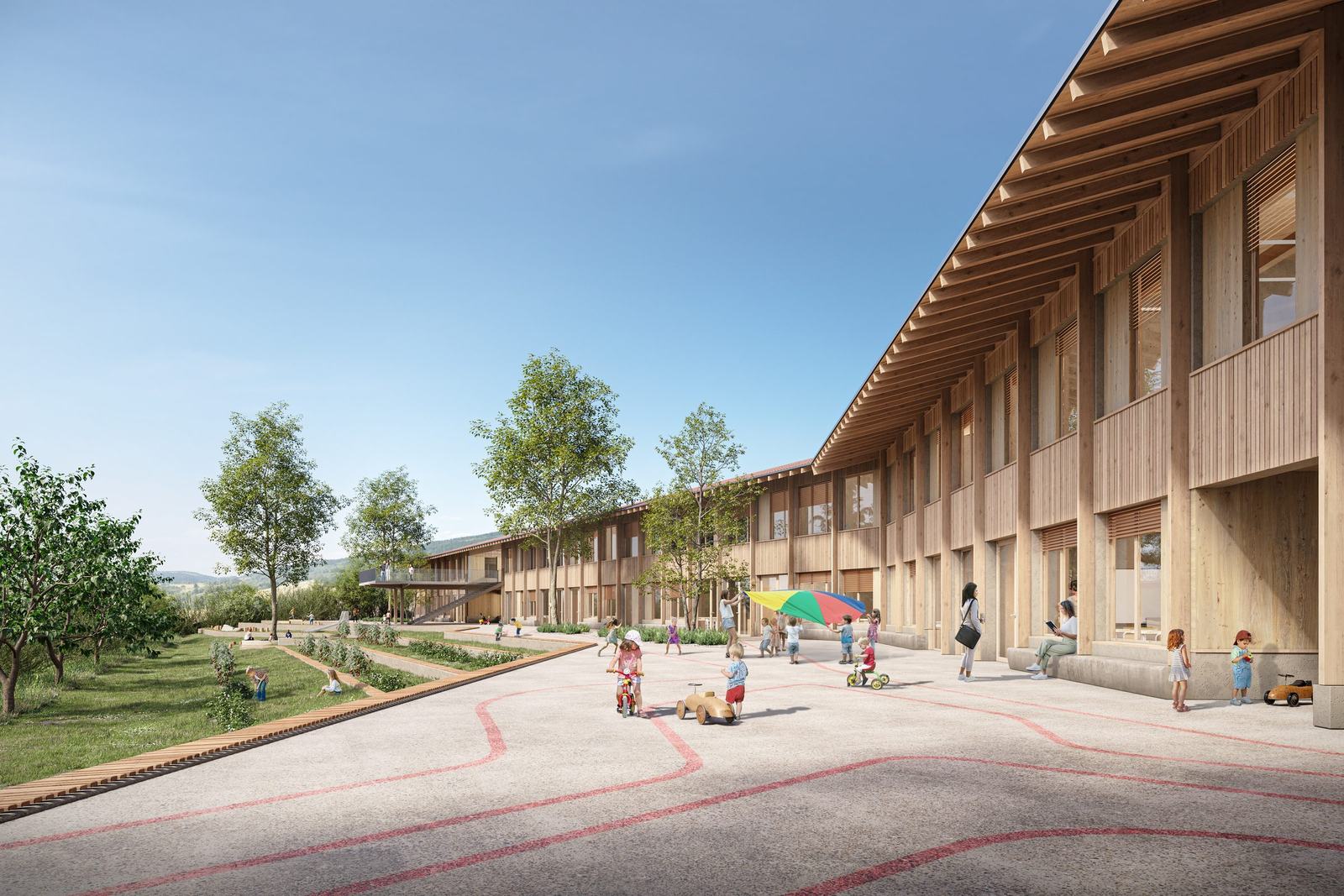 Groupe scolaire, Tectoniques, cour de récréation et façade bois