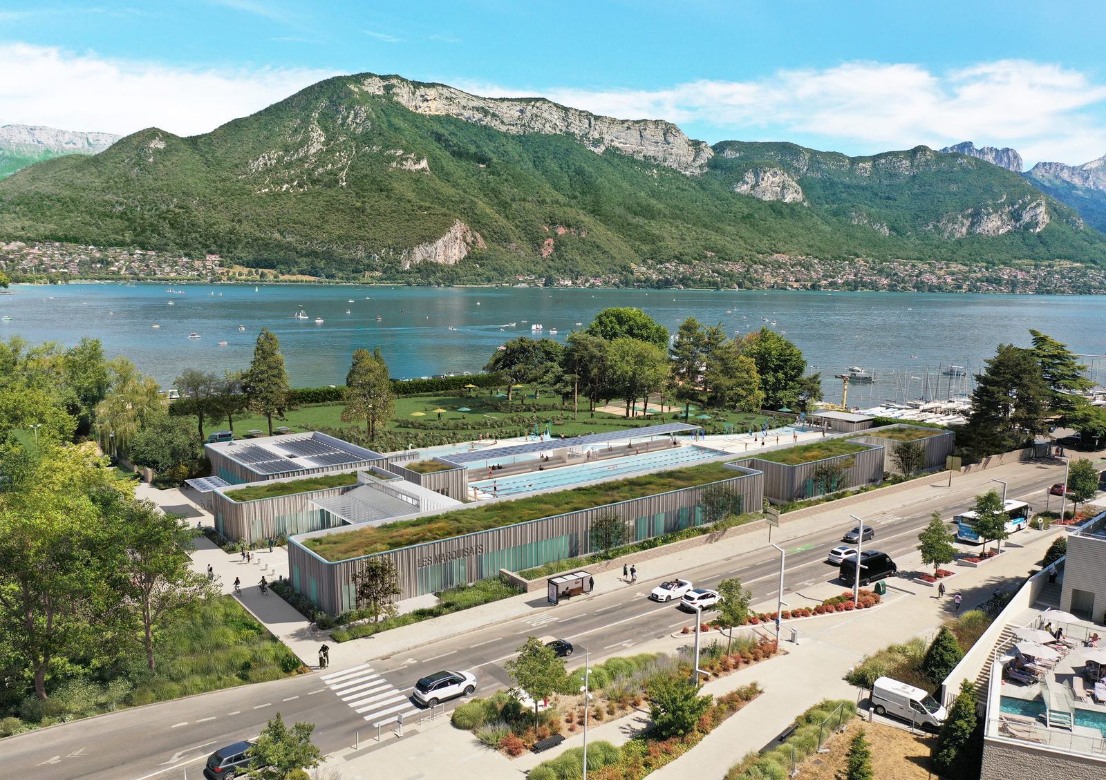 Centre nautique, TNA Architectes, vue aérienne au bord du lac d'Annecy